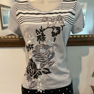 Chico's Gray Floral Sequin Tee